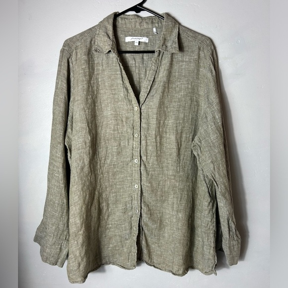 Foxcroft Oatmeal Lagenlook 100% Linen Long Sleeve Button Down Top - Picture 2 of 9